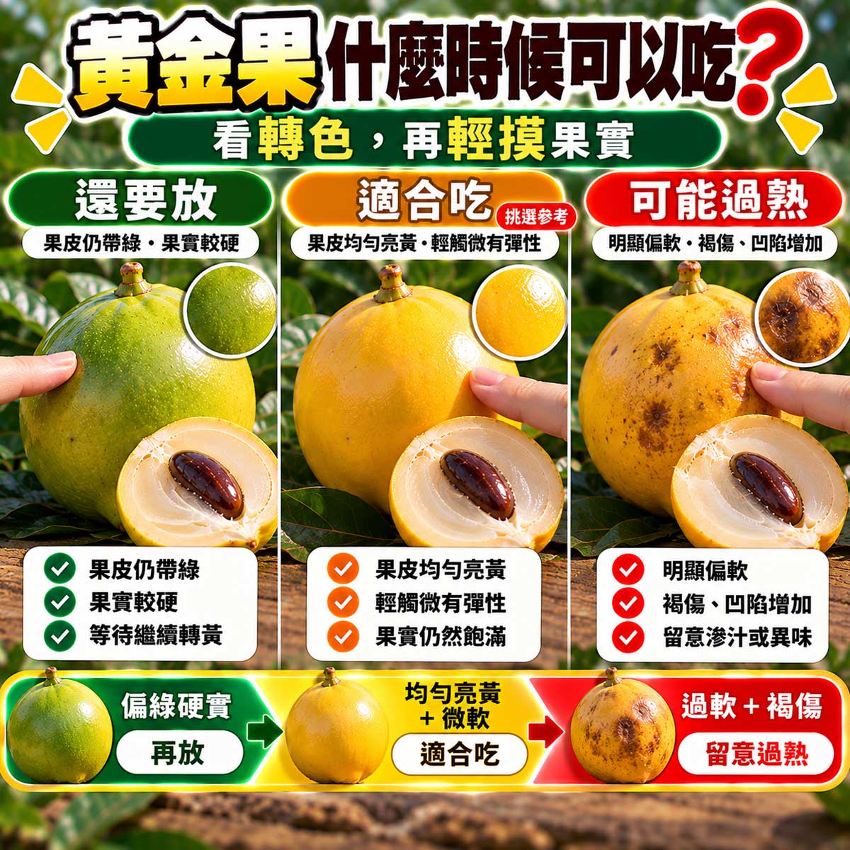 黃金果青綠未熟黃綠轉熟金黃適食與過熟褐化比較