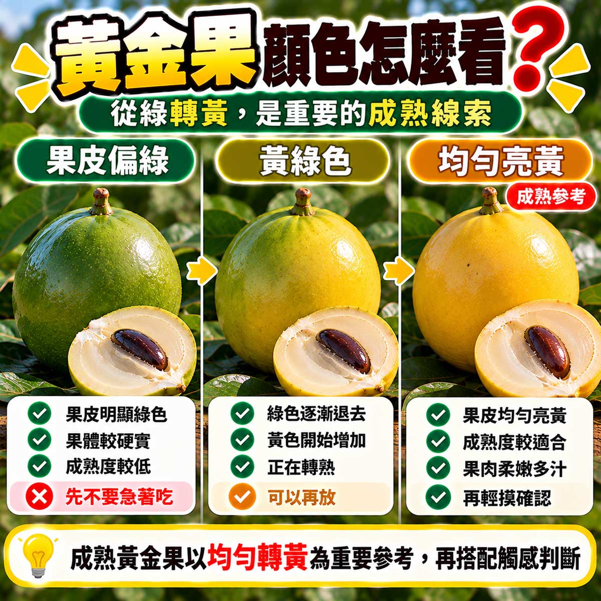 黃金果青綠黃綠金黃果皮轉色與成熟度比較