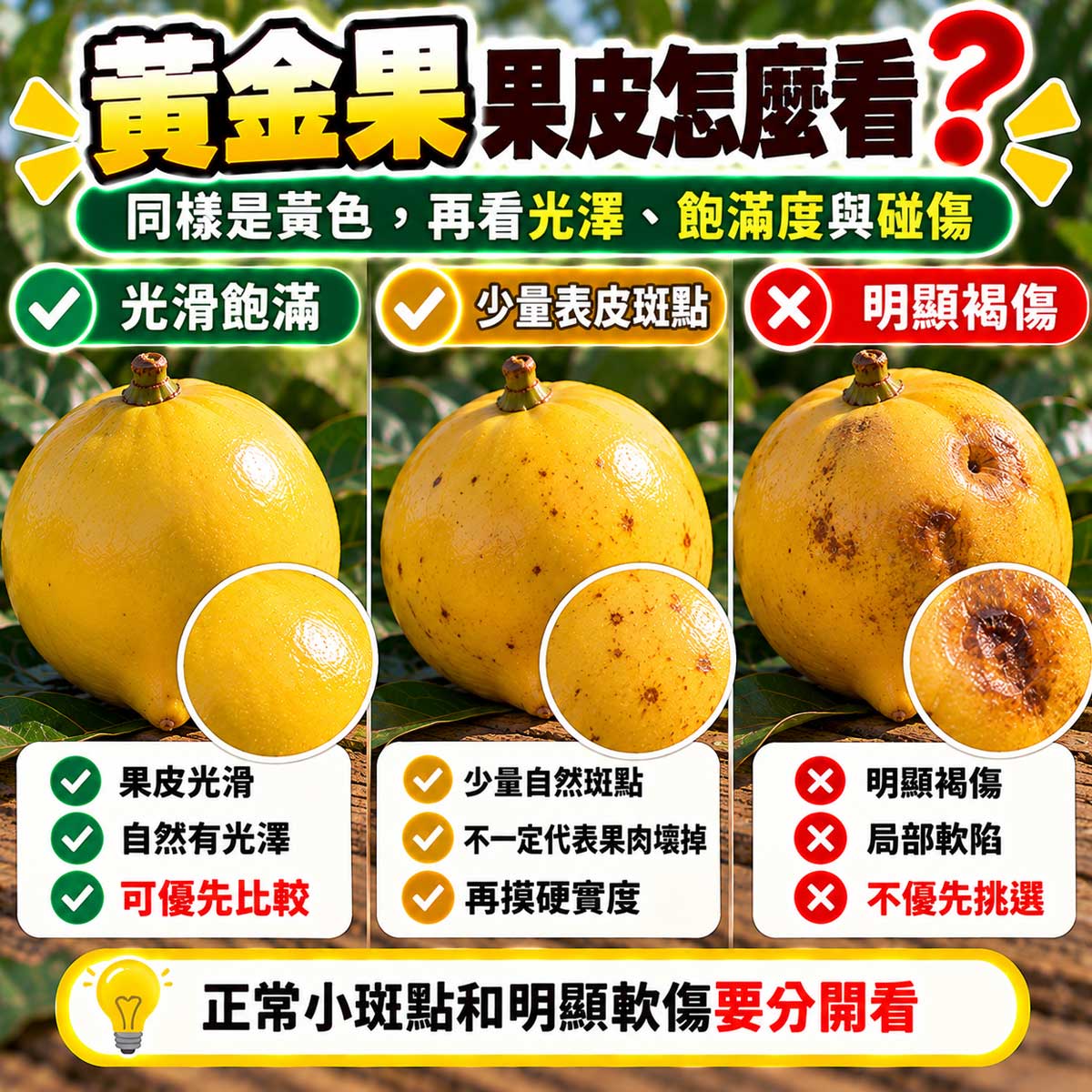 黃金果表皮完整擦傷褐斑裂口與滲汁挑選比較