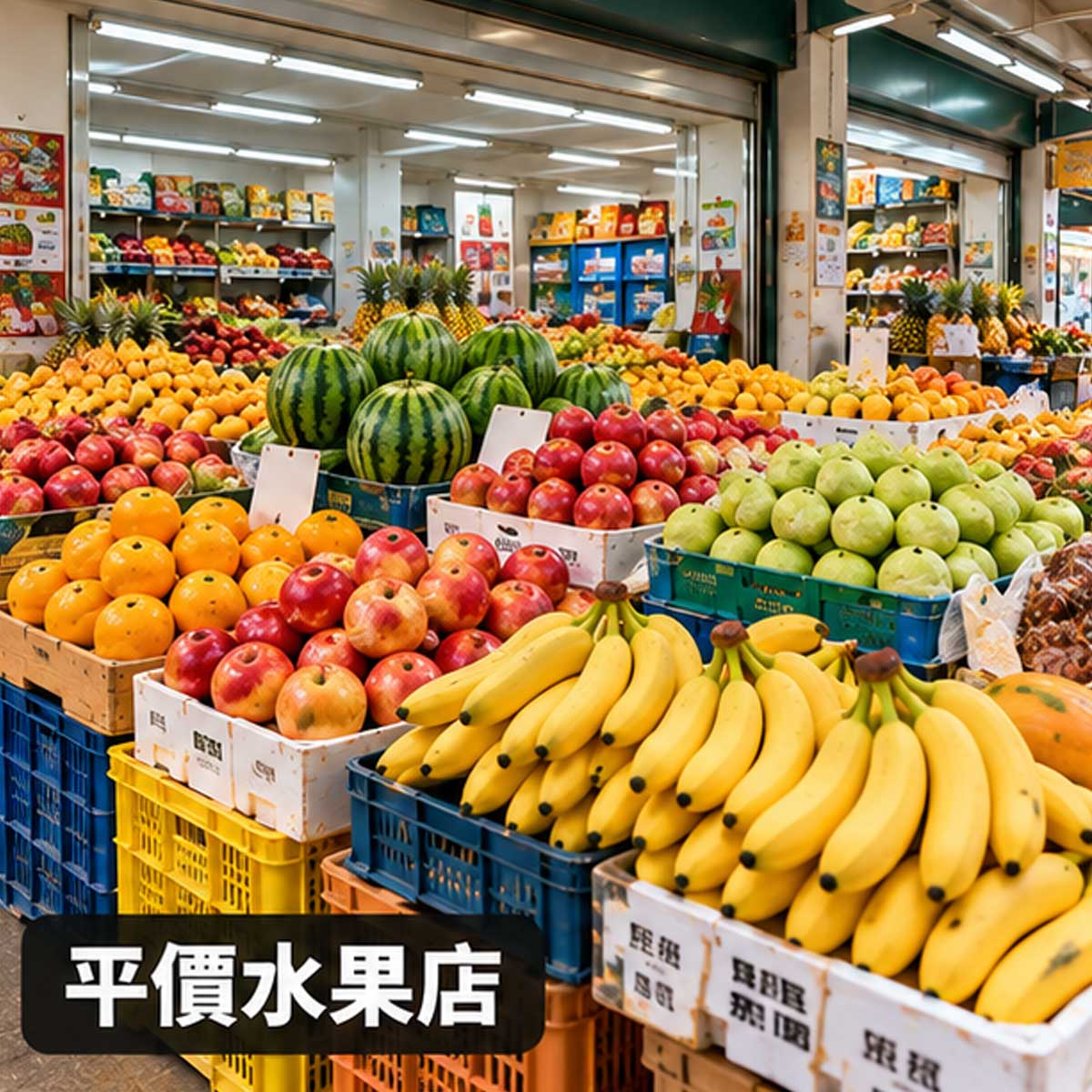 平價水果店開放式店面與大量水果陳列示意