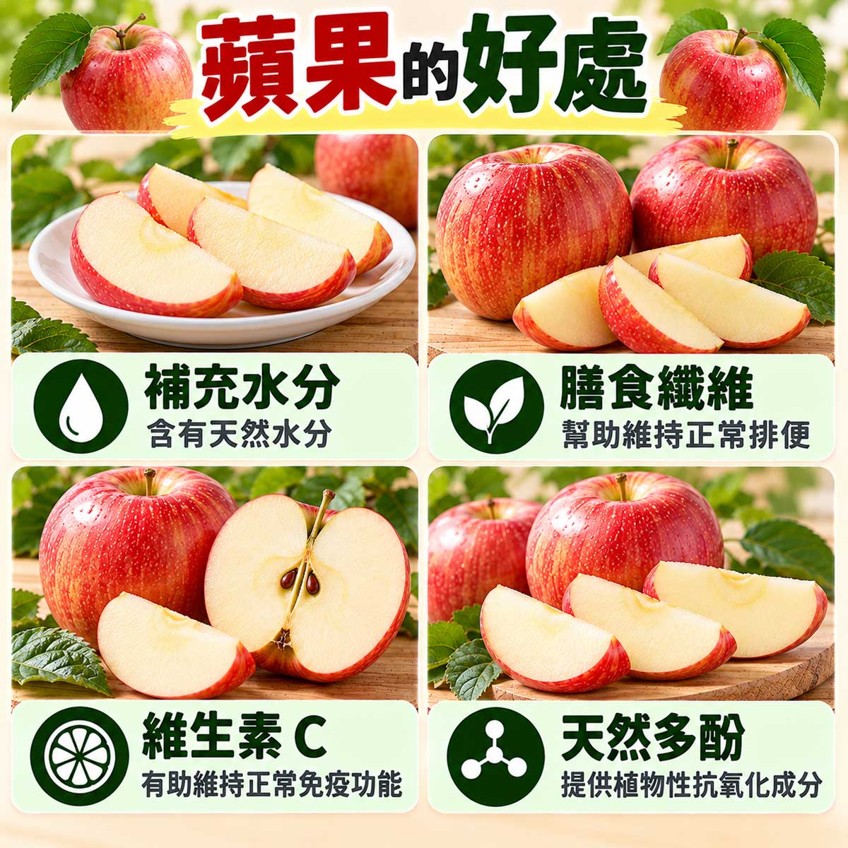 蘋果4大營養重點,水分、膳食纖維、維生素C與天然多酚