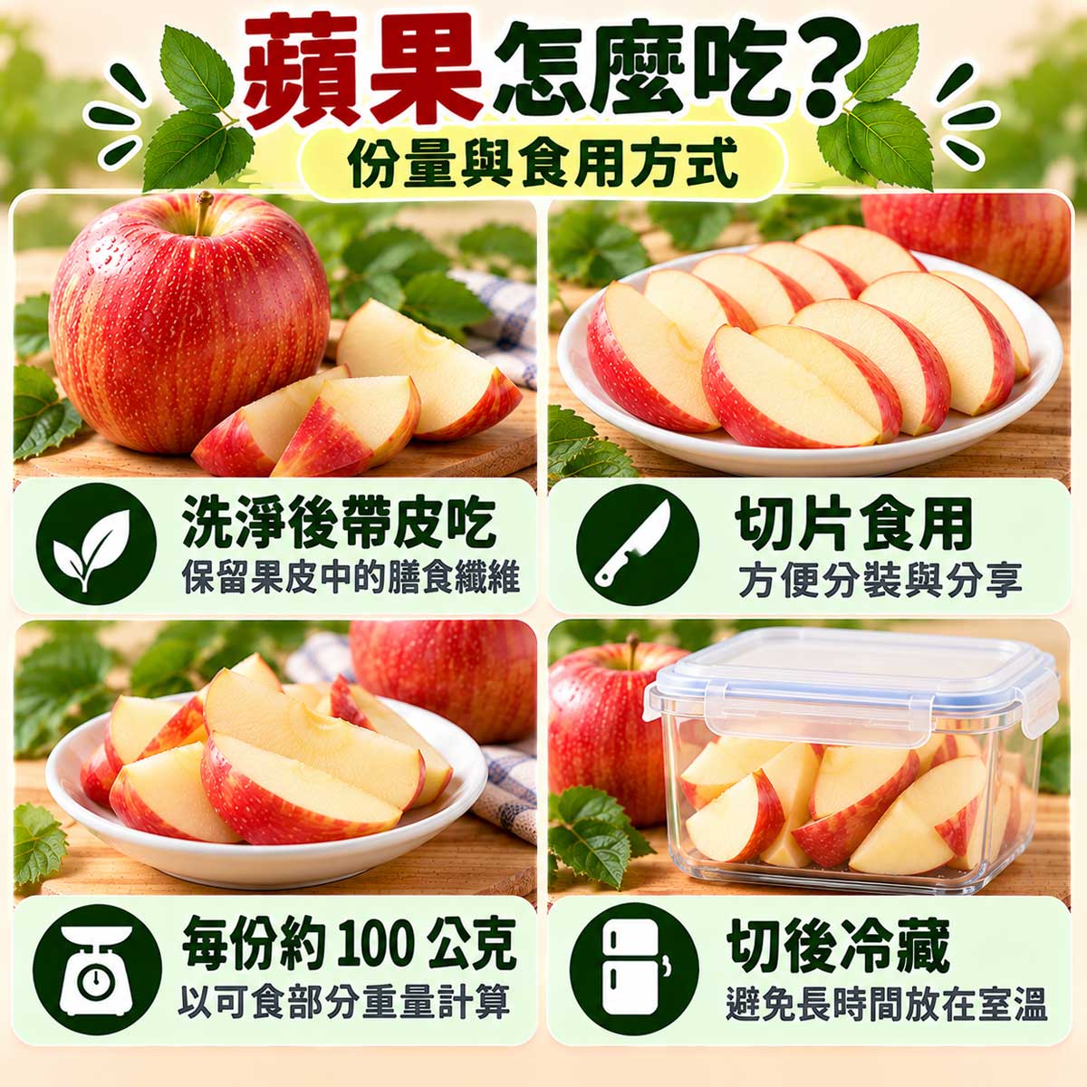 蘋果食用方式,洗淨帶皮吃、切片分享、約100公克分裝與切後冷藏
