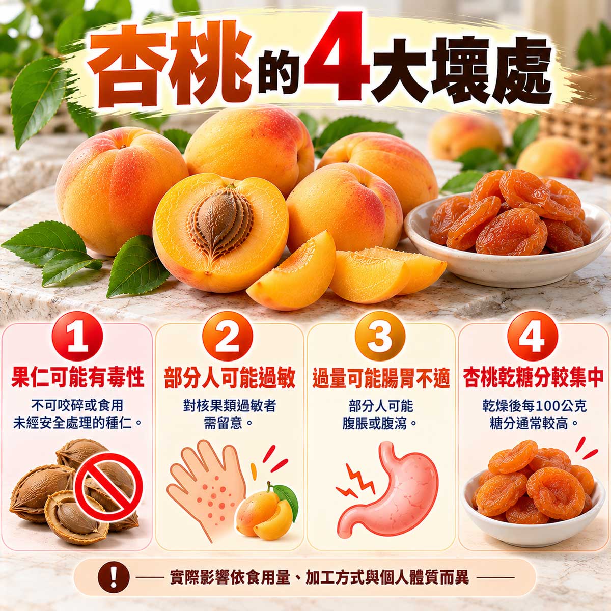 杏桃4項食用風險，種仁中毒、少數人過敏、過量腸胃不適與杏桃乾糖分集中