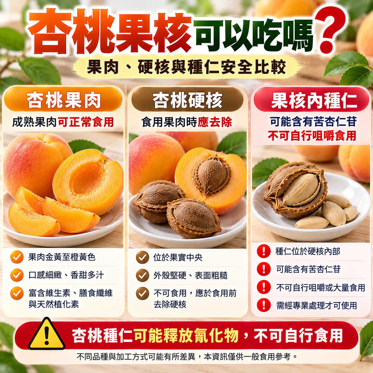 杏桃可食果肉、需去除的硬核與不自行食用的種仁安全比較