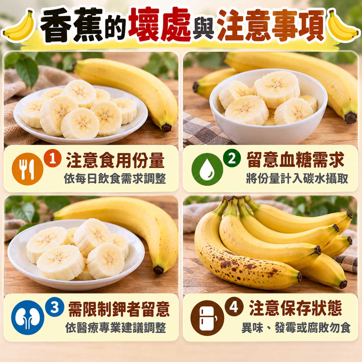香蕉食用注意圖解，份量、血糖需求、限制鉀及熟斑香蕉保存狀態