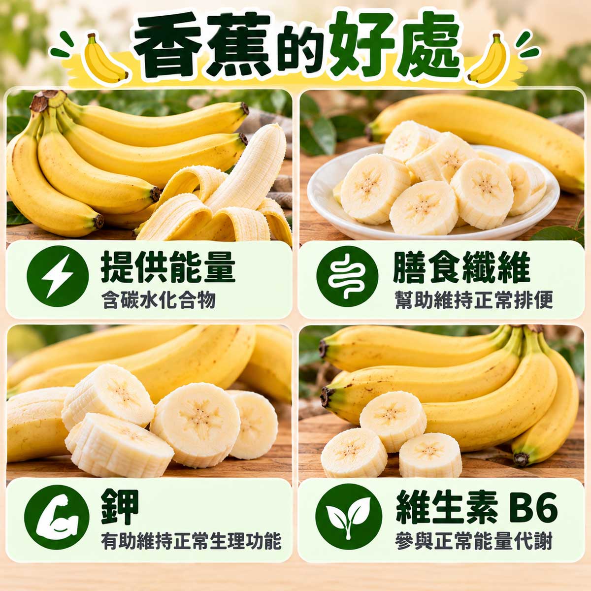 香蕉好處圖解，提供能量、膳食纖維、鉀與維生素B6