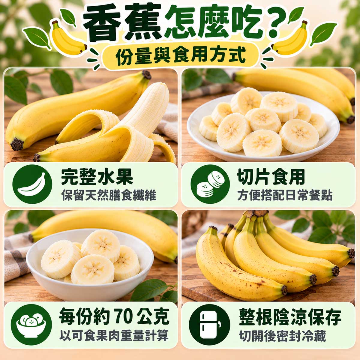 香蕉食用方式，完整水果、切片、每份約70公克去皮果肉與保存圖解