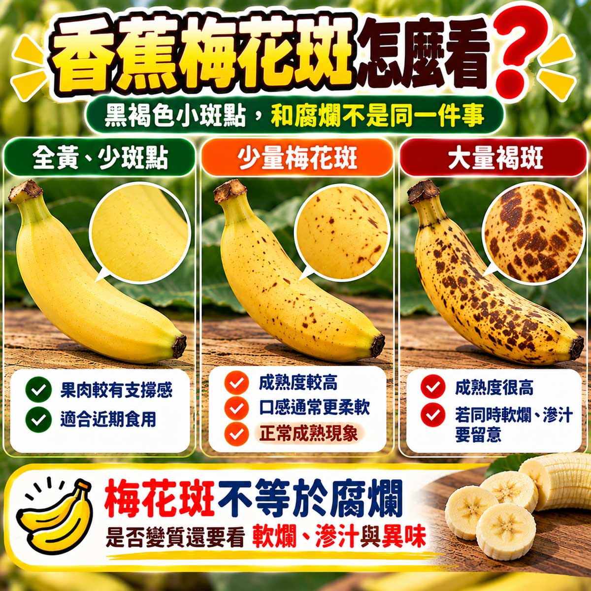 香蕉正常梅花斑大片碰傷與過熟異常果況比較