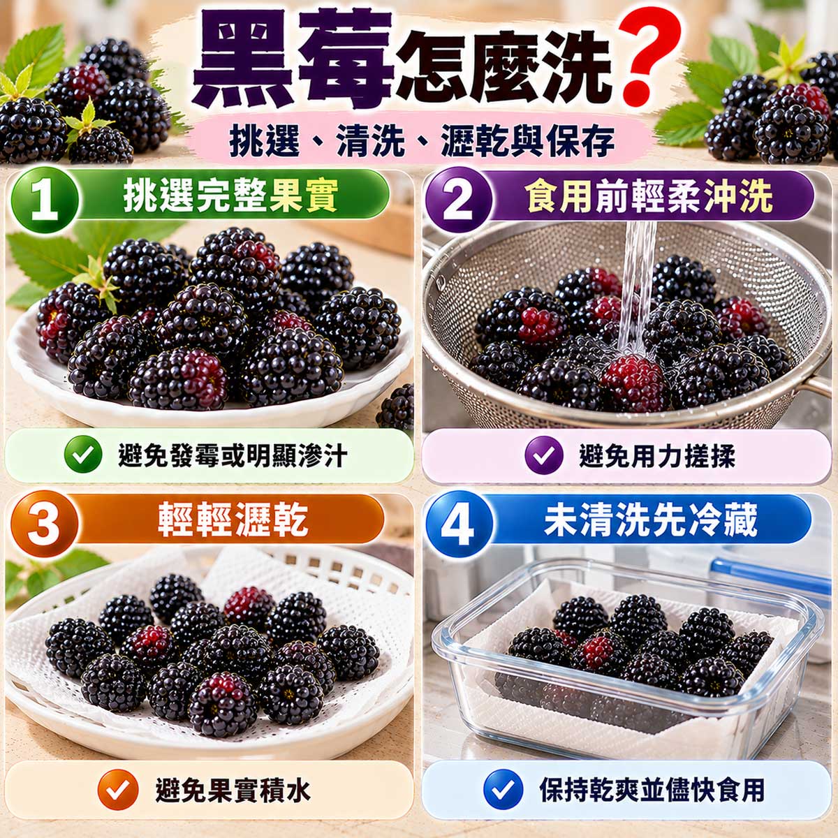 黑莓怎麼洗？新鮮黑莓挑選、輕柔清洗、瀝乾與冷藏保存教學