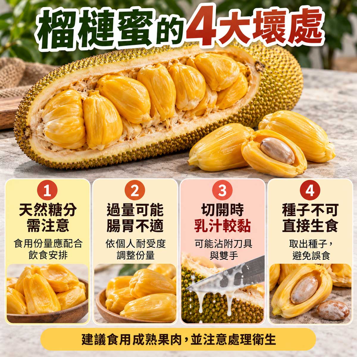 榴槤蜜4大壞處，天然糖分、過量腸胃不適、黏性乳汁與種子生食注意事項