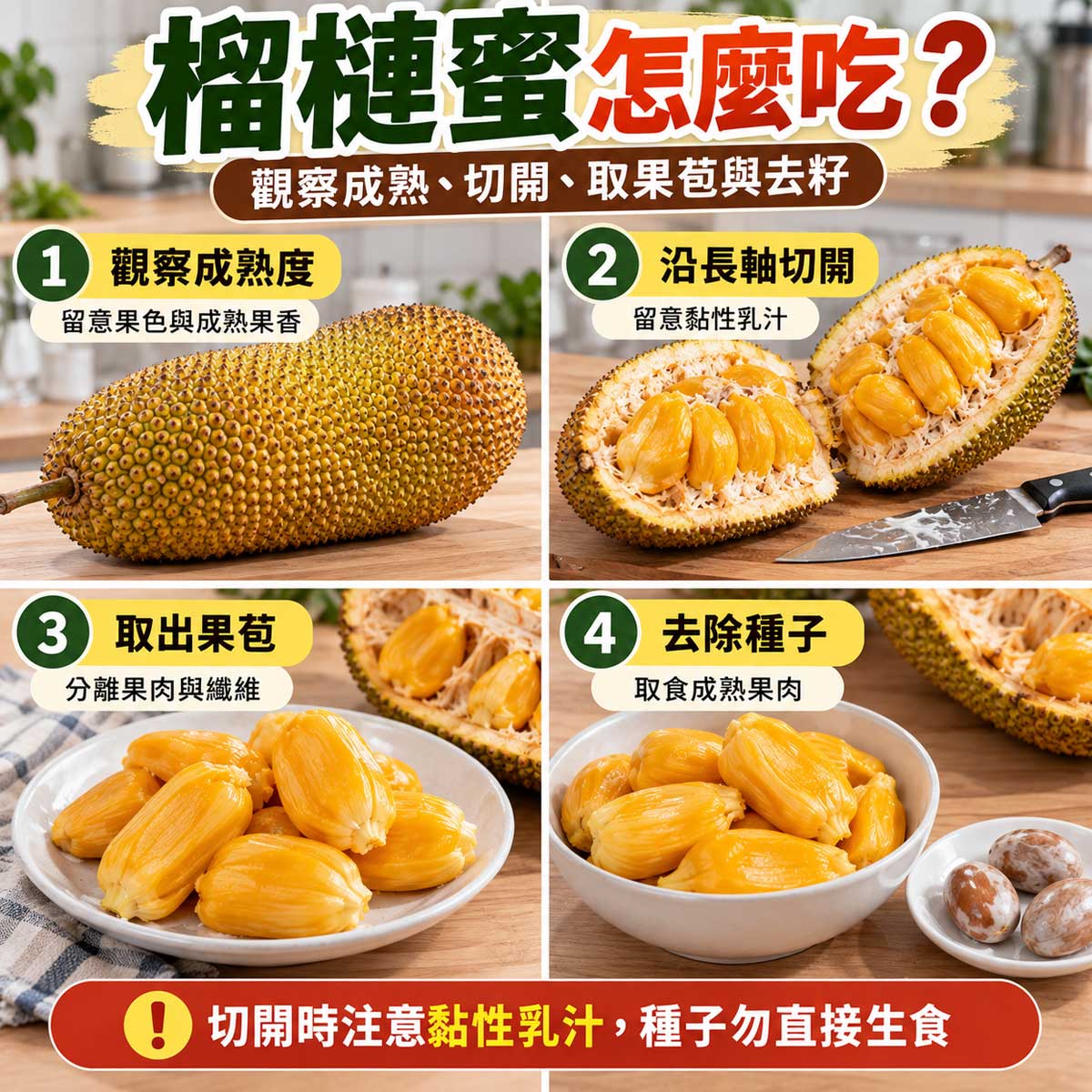 榴槤蜜怎麼吃？觀察成熟度、沿長軸切開、取出果苞與去除種子教學