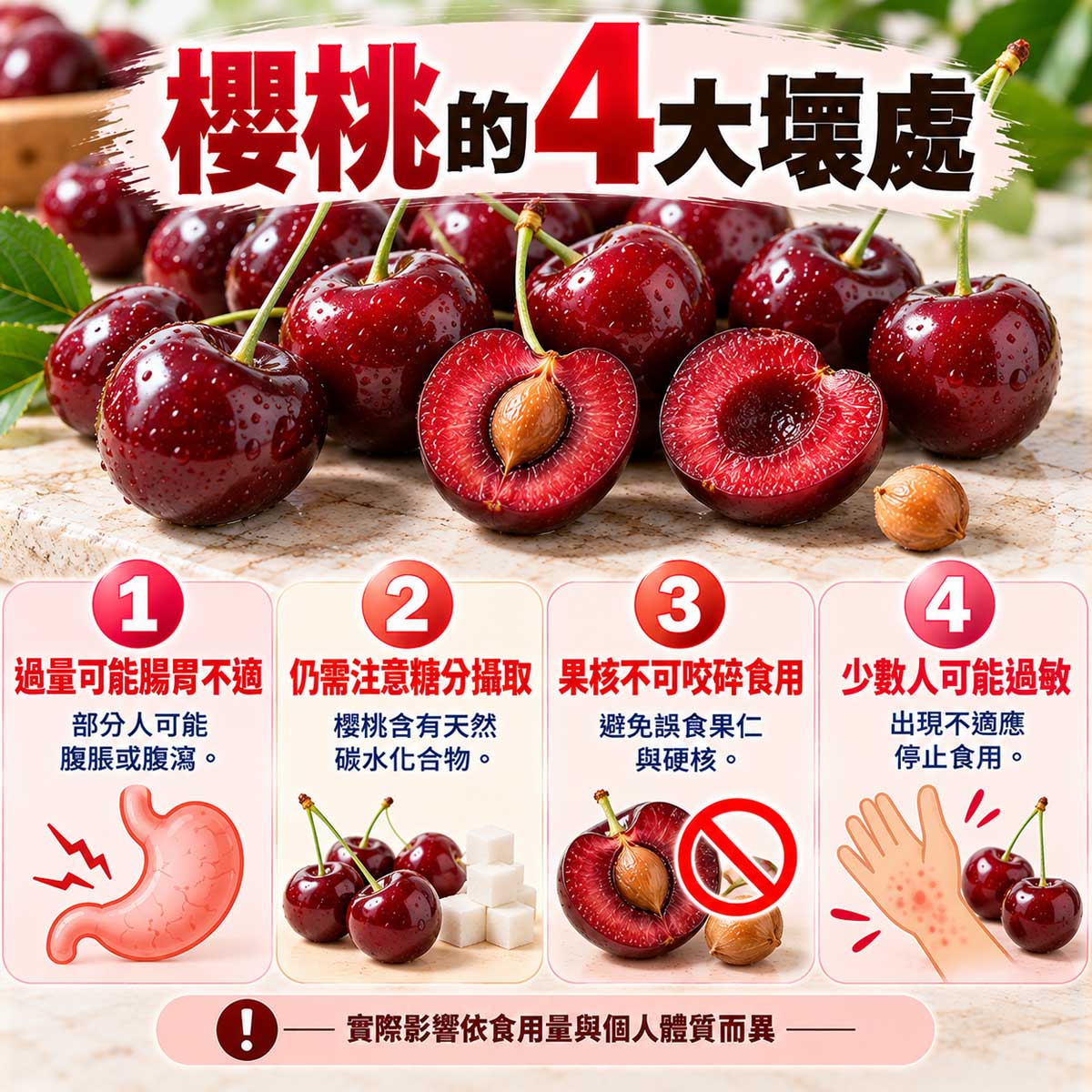 櫻桃4項食用注意,過量腸胃不適、糖分攝取、果核種仁與少數人過敏