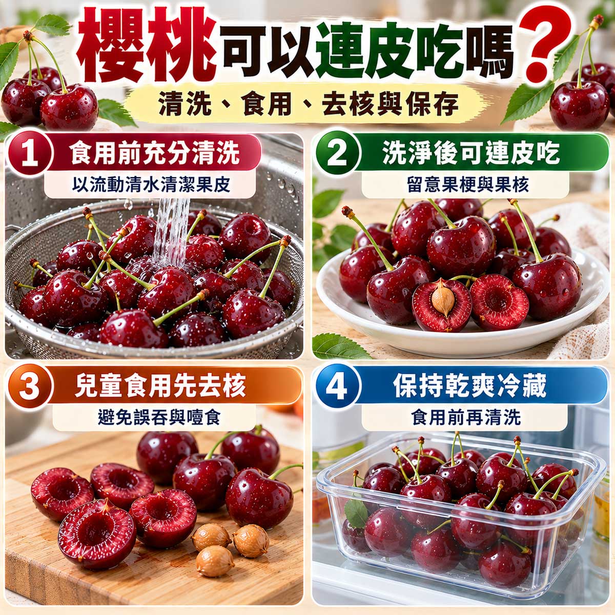 櫻桃清洗與保存,流動清水清洗、連皮食用、兒童先去核及乾爽冷藏