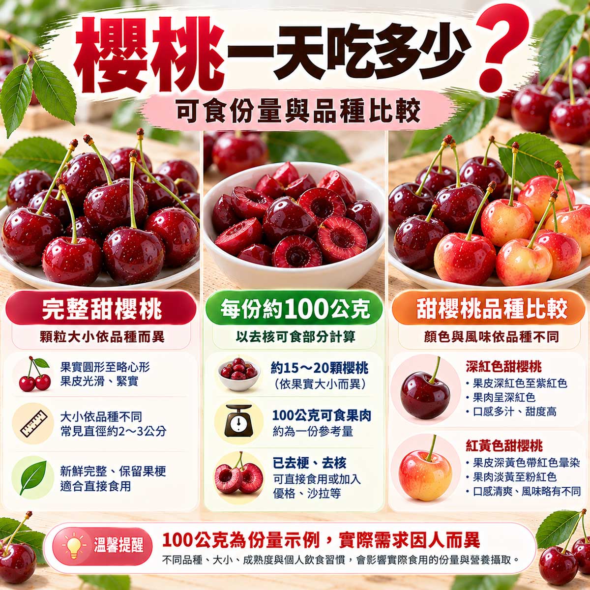 完整甜櫻桃、100公克去核可食果肉及深紅色與紅黃色品種比較