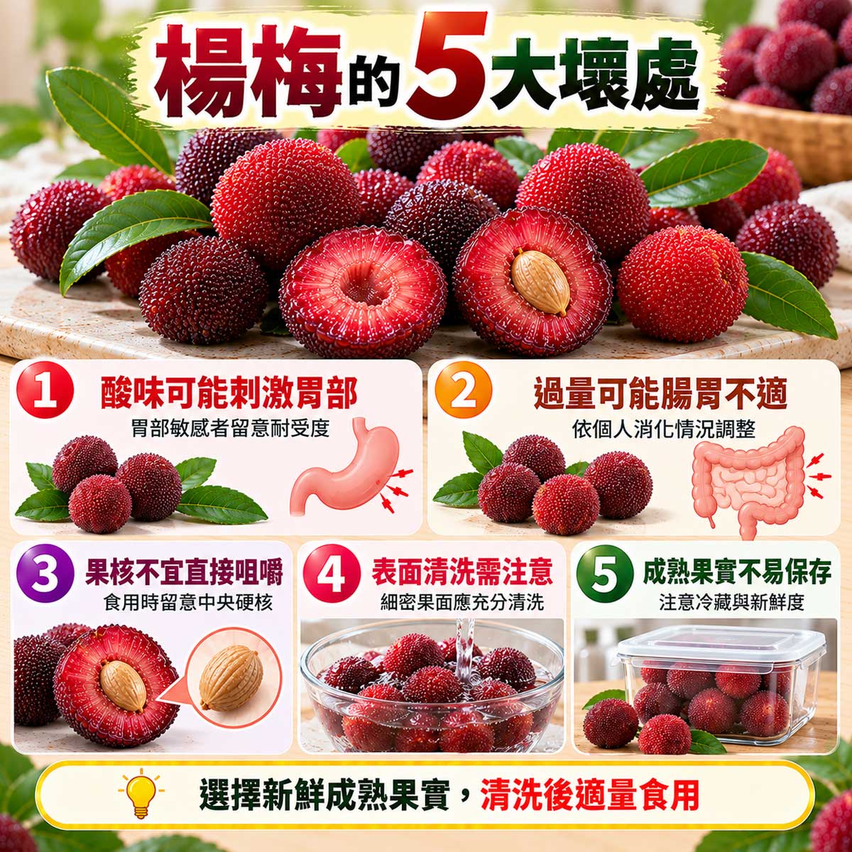 楊梅5大壞處，酸味刺激、腸胃不適、中央硬核、清洗與冷藏保存注意事項