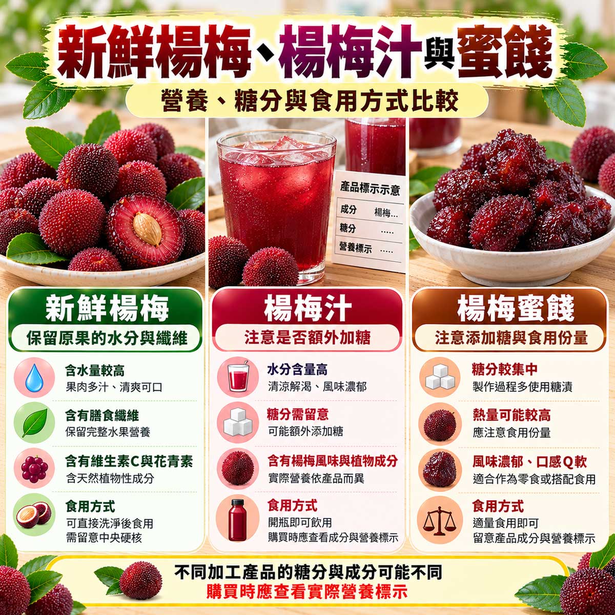 新鮮楊梅、楊梅汁與楊梅蜜餞比較，水分、纖維、添加糖與食用份量差異