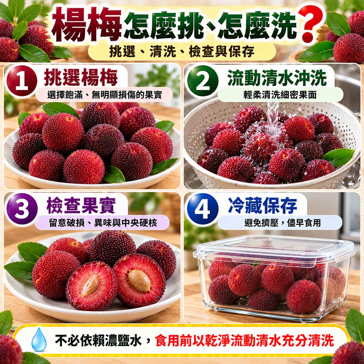 楊梅怎麼挑、怎麼洗？挑選成熟果實、流動清水沖洗、檢查果核與冷藏保存