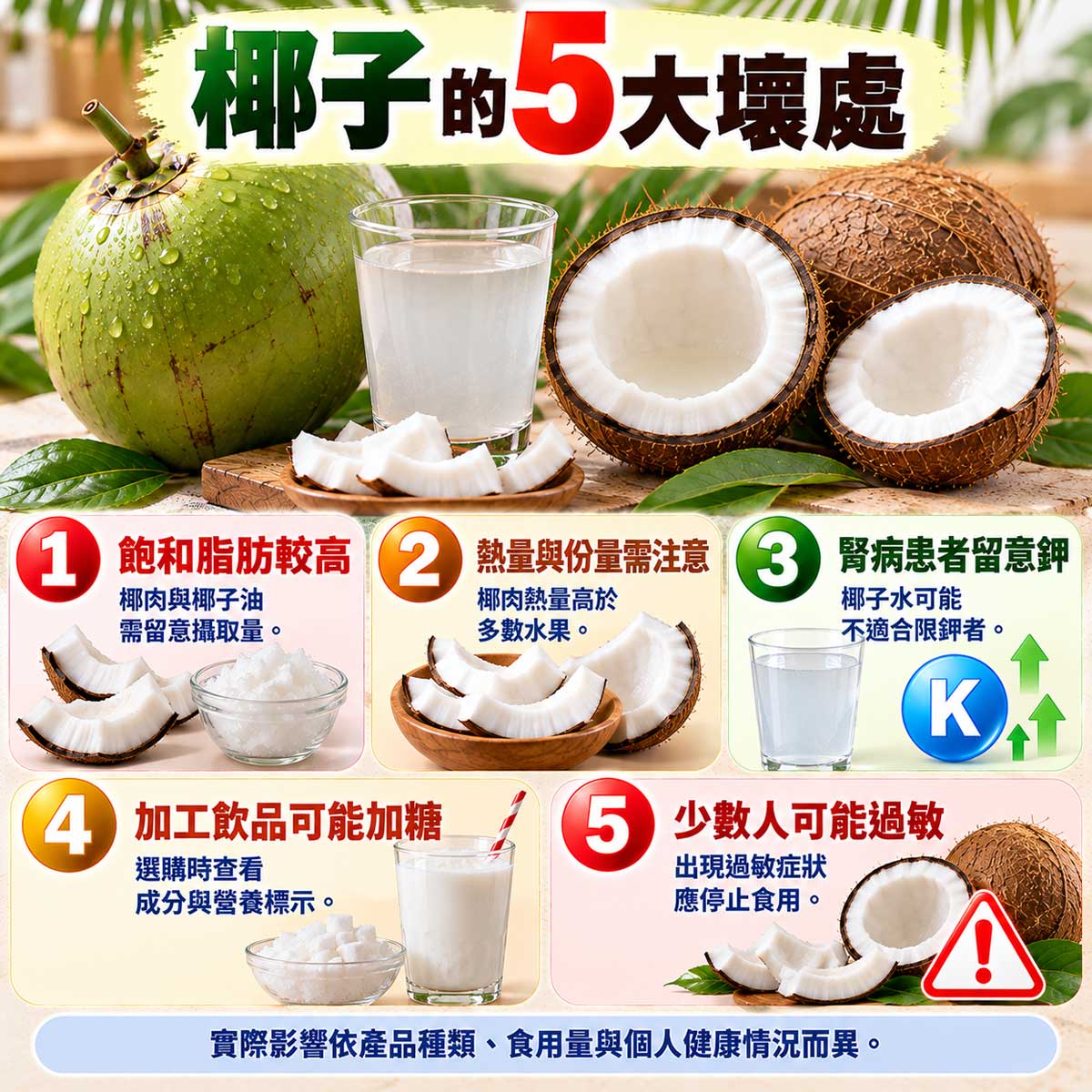 椰子5大壞處,飽和脂肪、熱量、腎病患者鉀攝取、加工糖分與過敏注意事項