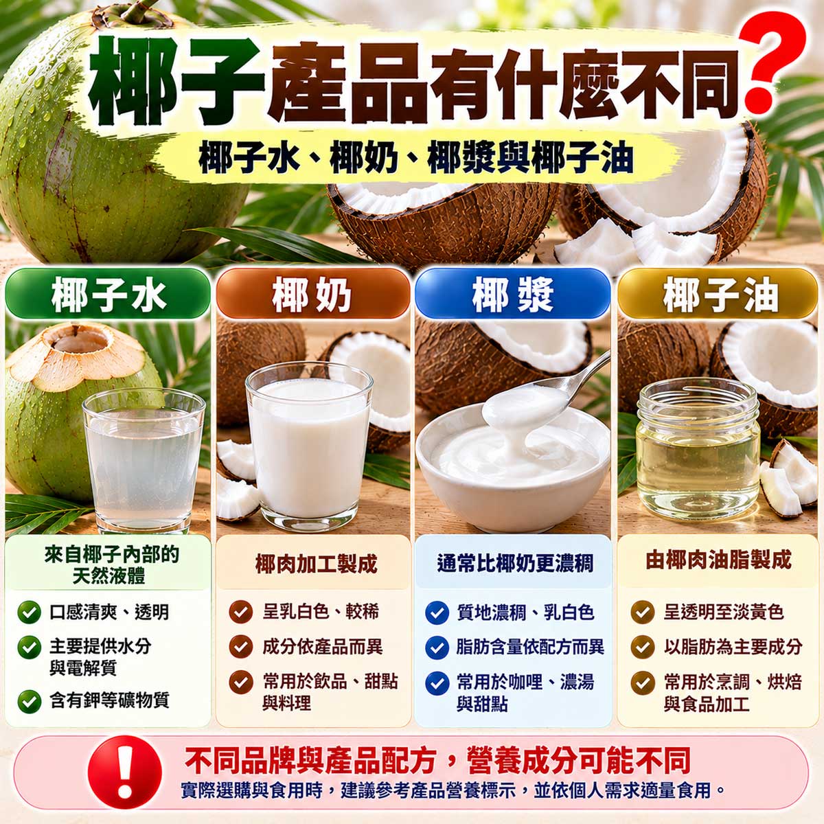 椰子水、椰奶、椰漿與椰子油差別,四種椰子產品外觀及營養特色比較