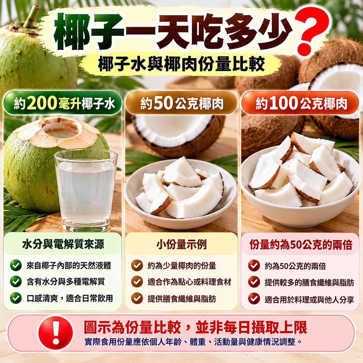 椰子一天吃多少?200毫升椰子水、50公克與100公克新鮮椰肉份量比較