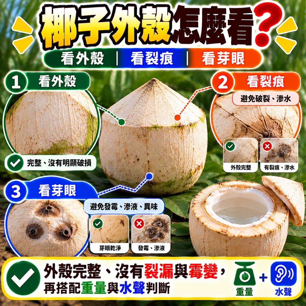椰子外殼裂痕椰眼與新鮮度檢查