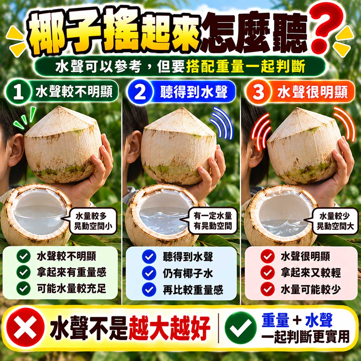 椰子搖晃水聲不明顯清楚與很明顯比較