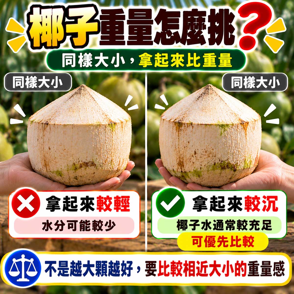 同大小椰子重量感與椰子水含量比較