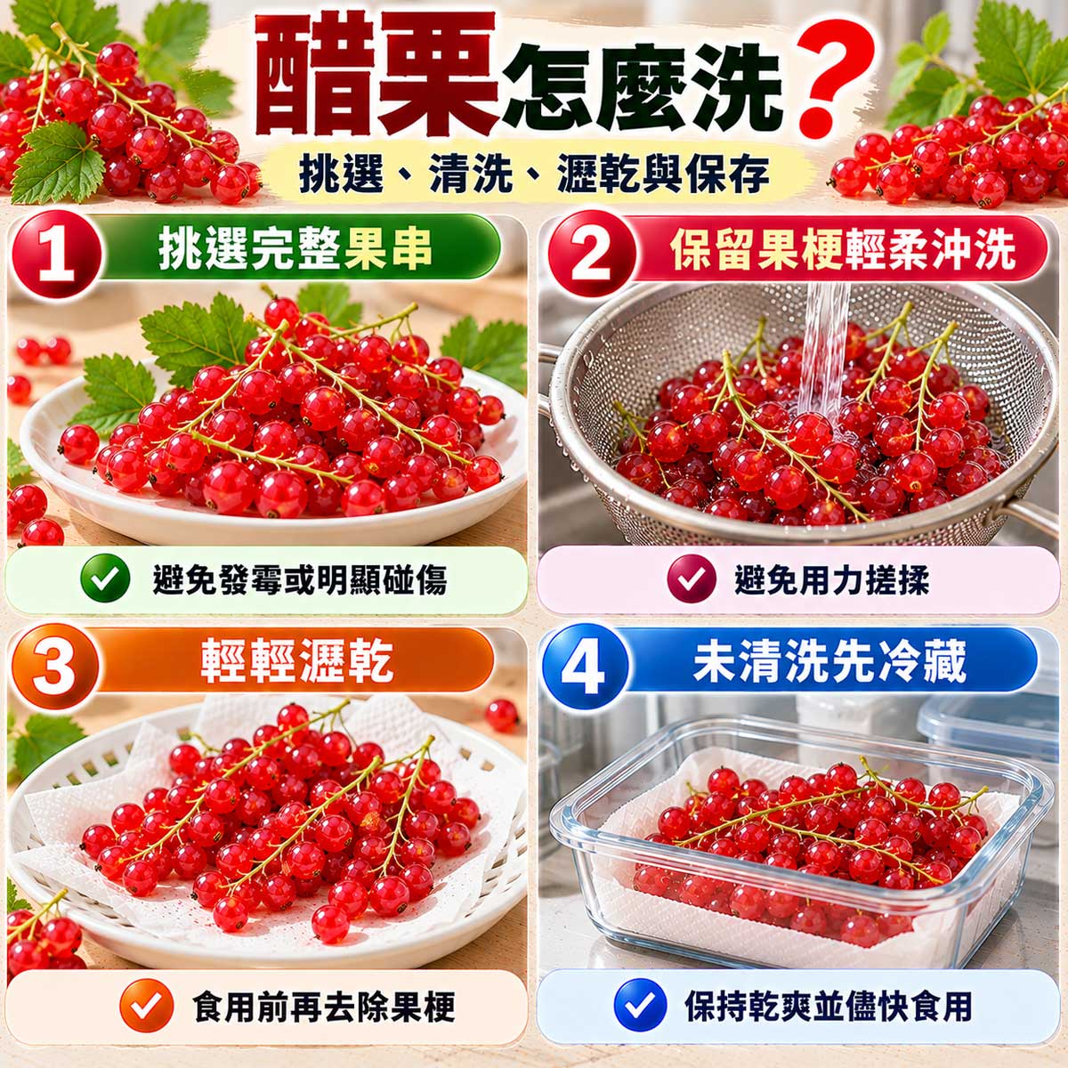 醋栗怎麼洗?紅醋栗保留果梗清洗、瀝乾與冷藏保存教學
