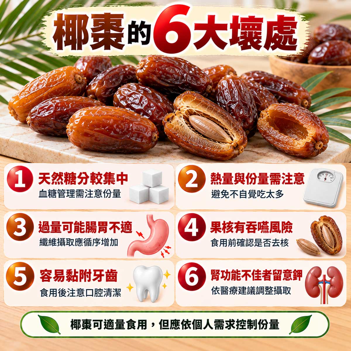 椰棗6大壞處,天然糖分、熱量、腸胃不適、果核、牙齒與鉀攝取注意