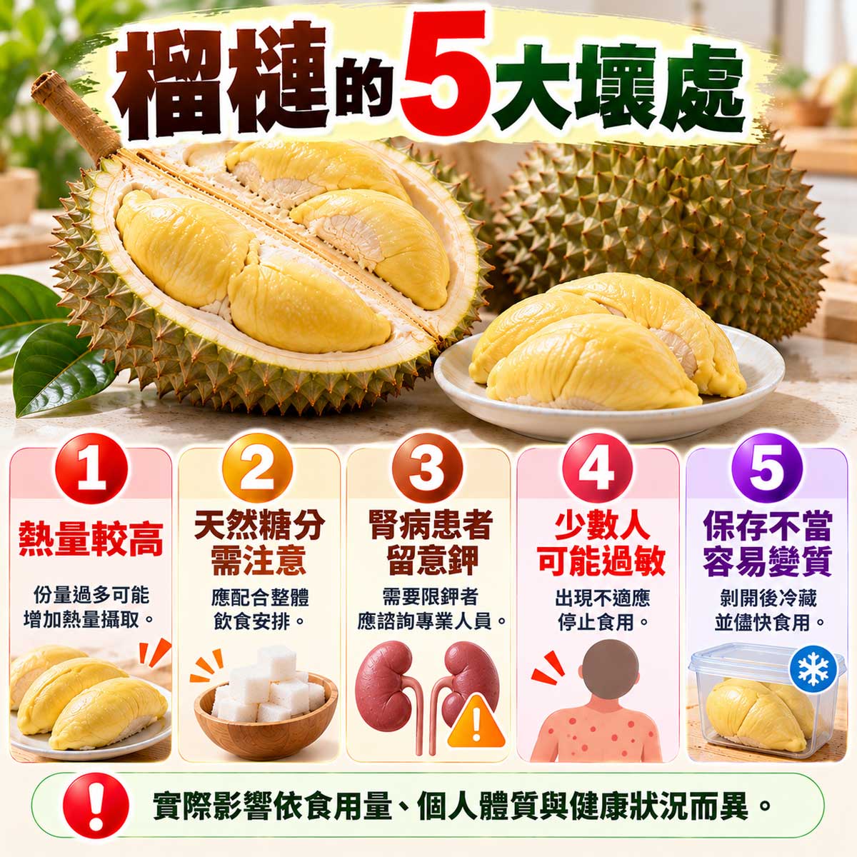 榴槤5大壞處，熱量、天然糖分、鉀攝取、過敏與保存注意事項