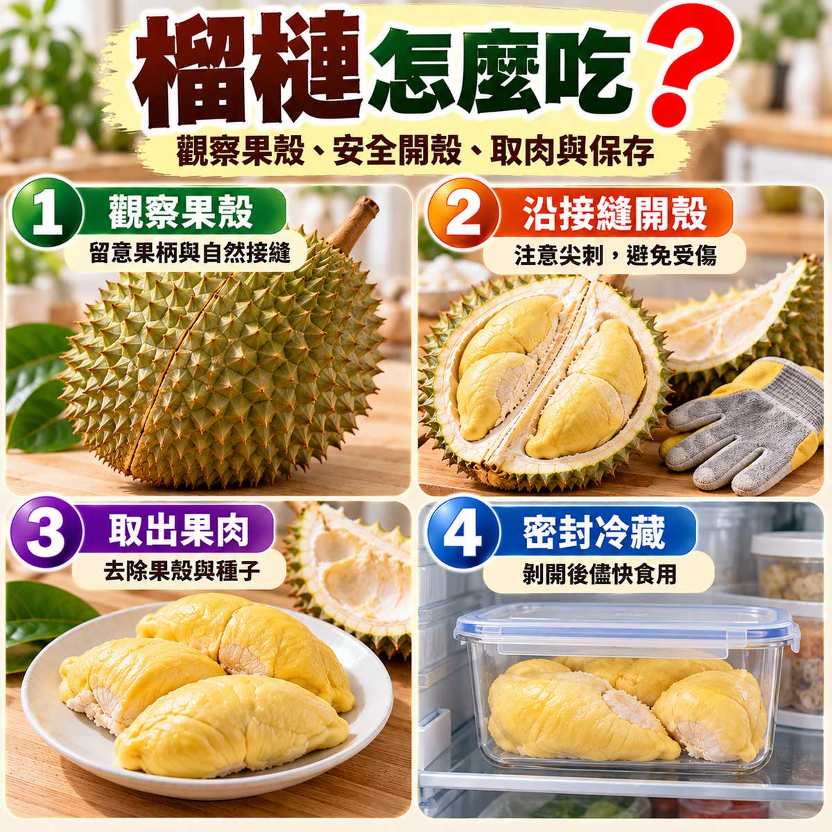 榴槤怎麼吃？安全開殼、取出榴槤果肉與密封冷藏保存教學