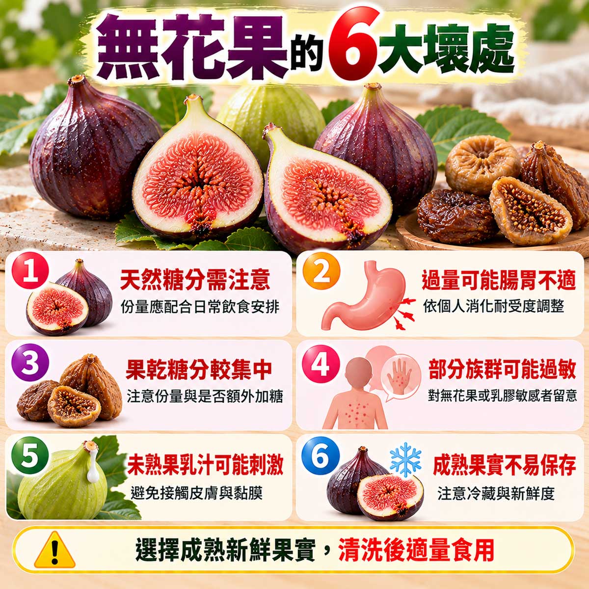 無花果6大壞處,天然糖分、腸胃不適、果乾糖分、過敏、乳汁刺激與保存注意事項