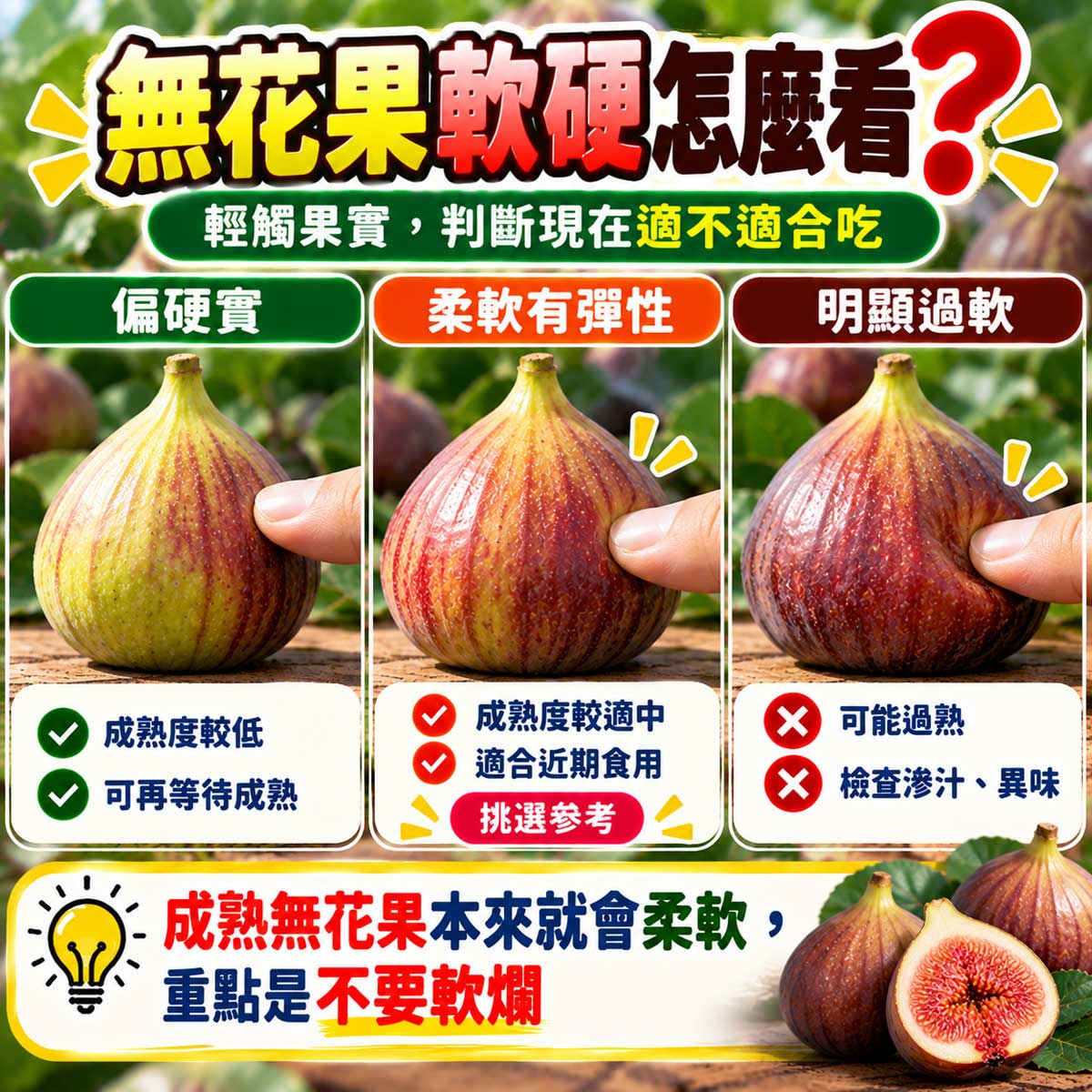 無花果偏硬成熟柔軟局部碰傷與過熟狀態比較