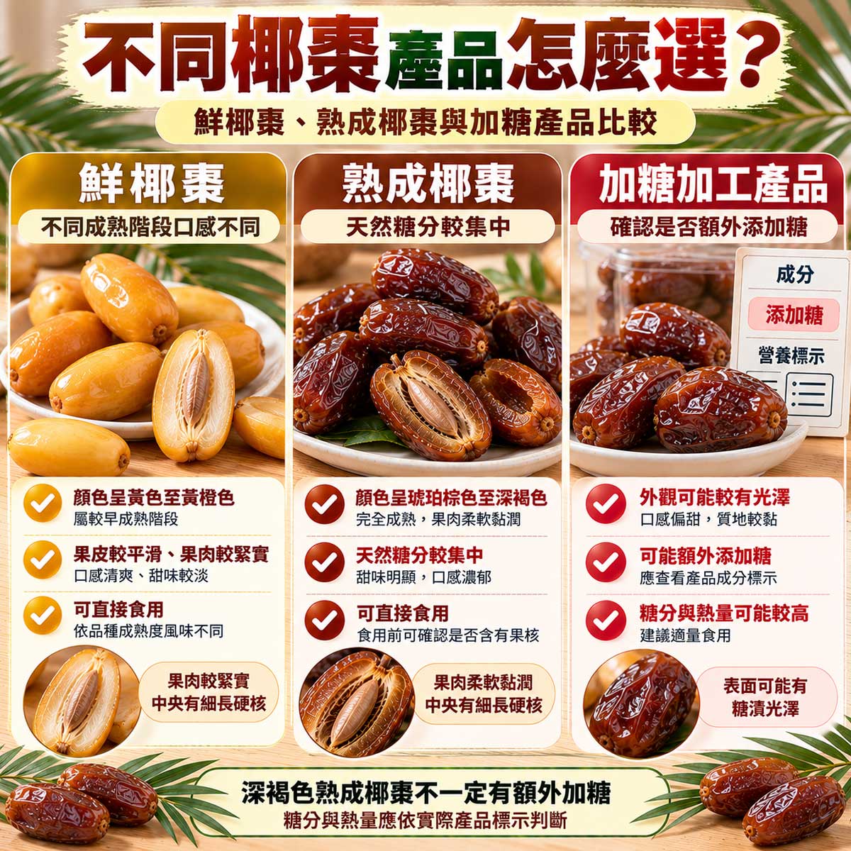 鮮椰棗、深褐色熟成椰棗與加糖加工產品比較,成熟度與糖分差異