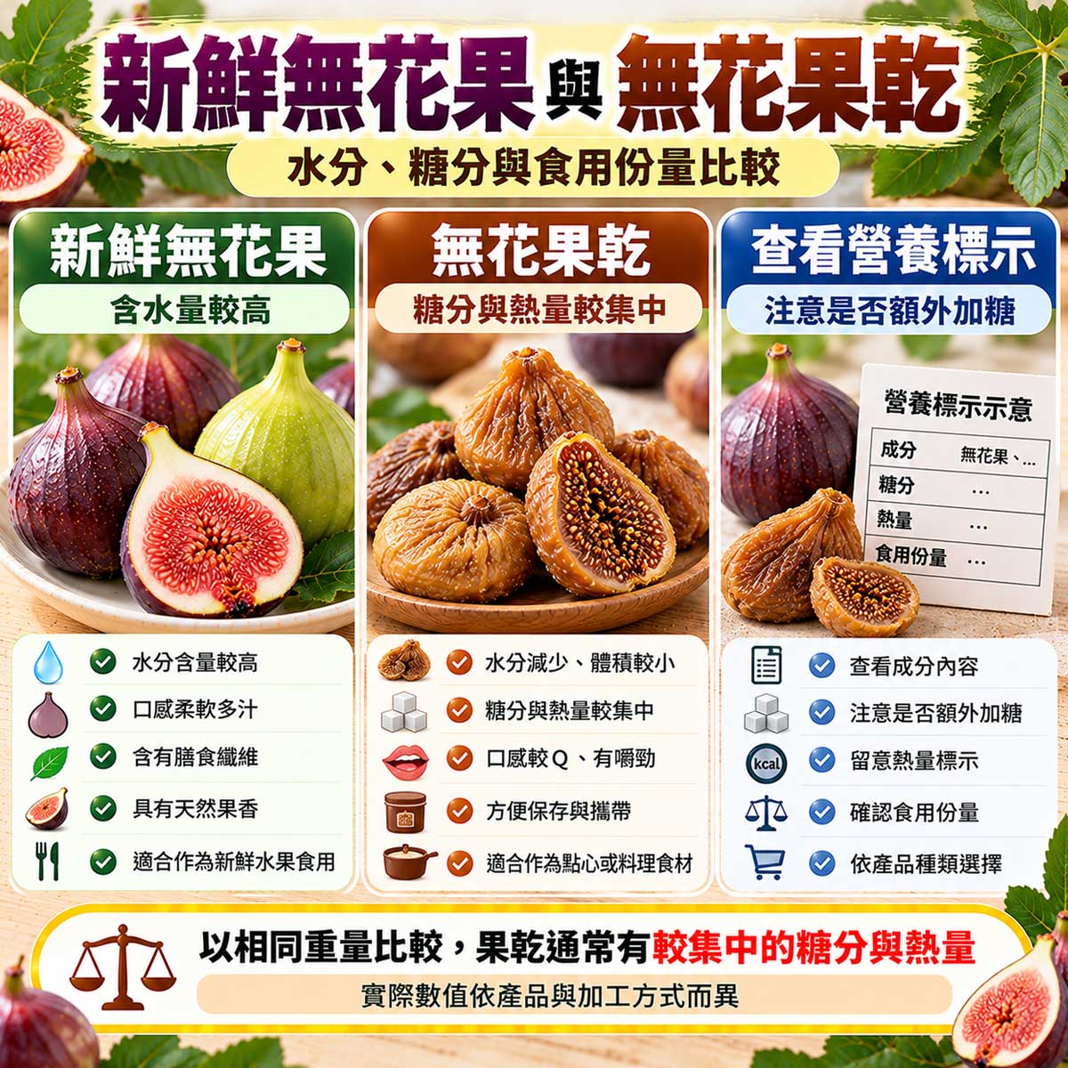 新鮮無花果與無花果乾比較,含水量、糖分濃度、熱量與食用份量差異