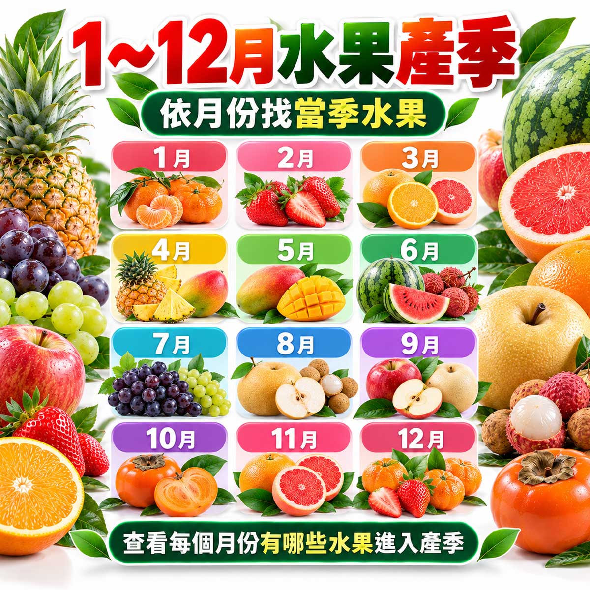 以十二個月份呈現水果產季變化的示意圖
