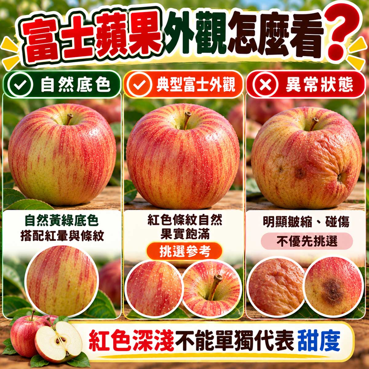 富士蘋果紅色底色自然條紋與果皮碰傷比較