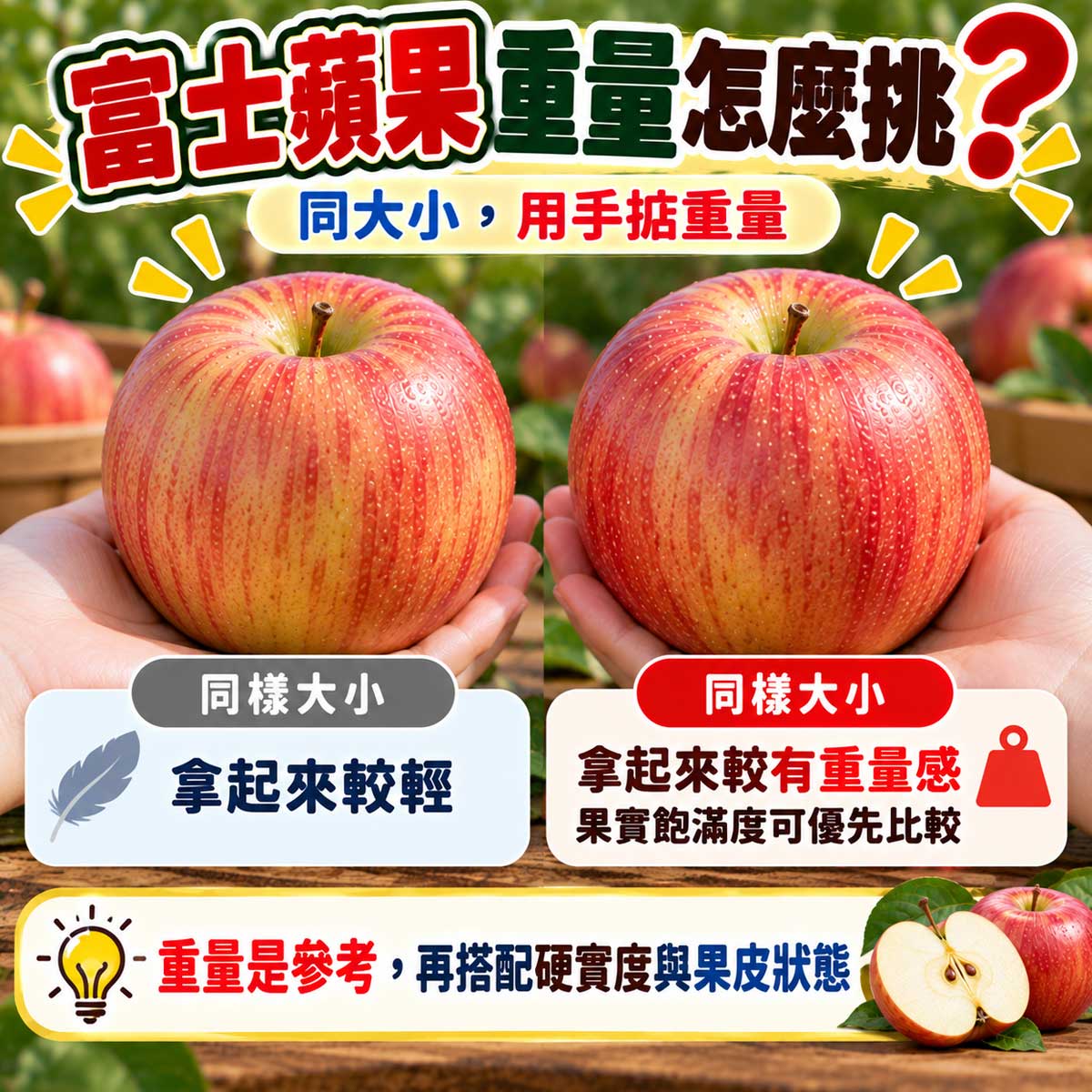 同大小富士蘋果重量感與飽滿度比較
