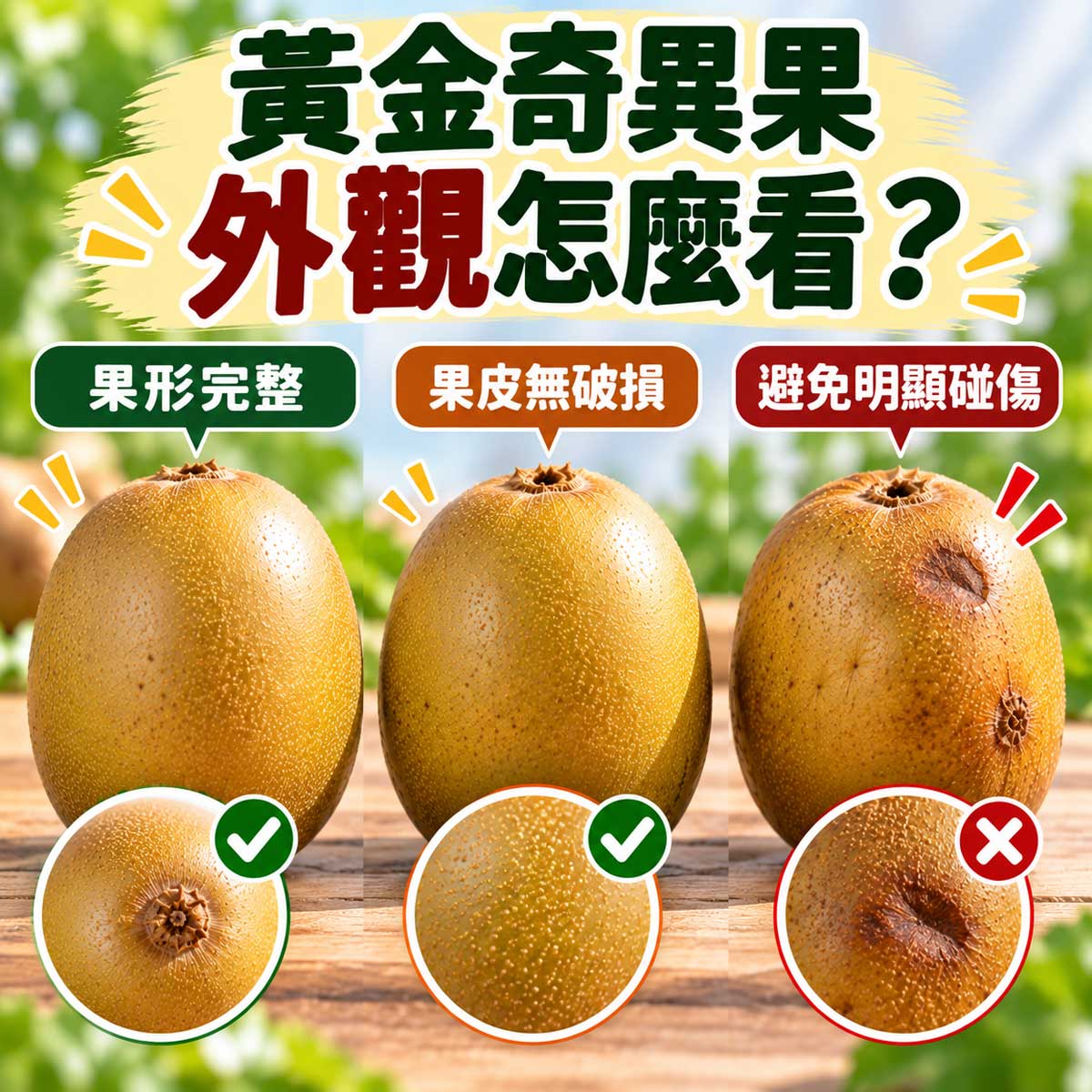 黃金奇異果果形與果皮完整度挑選重點