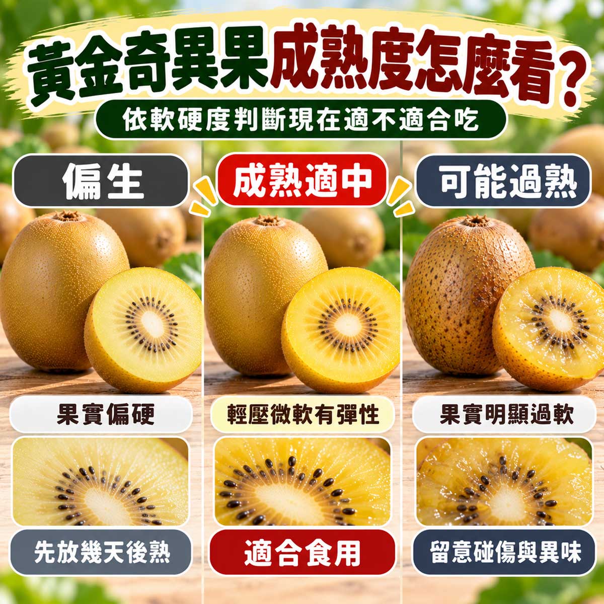 黃金奇異果硬實適熟與過熟狀態比較
