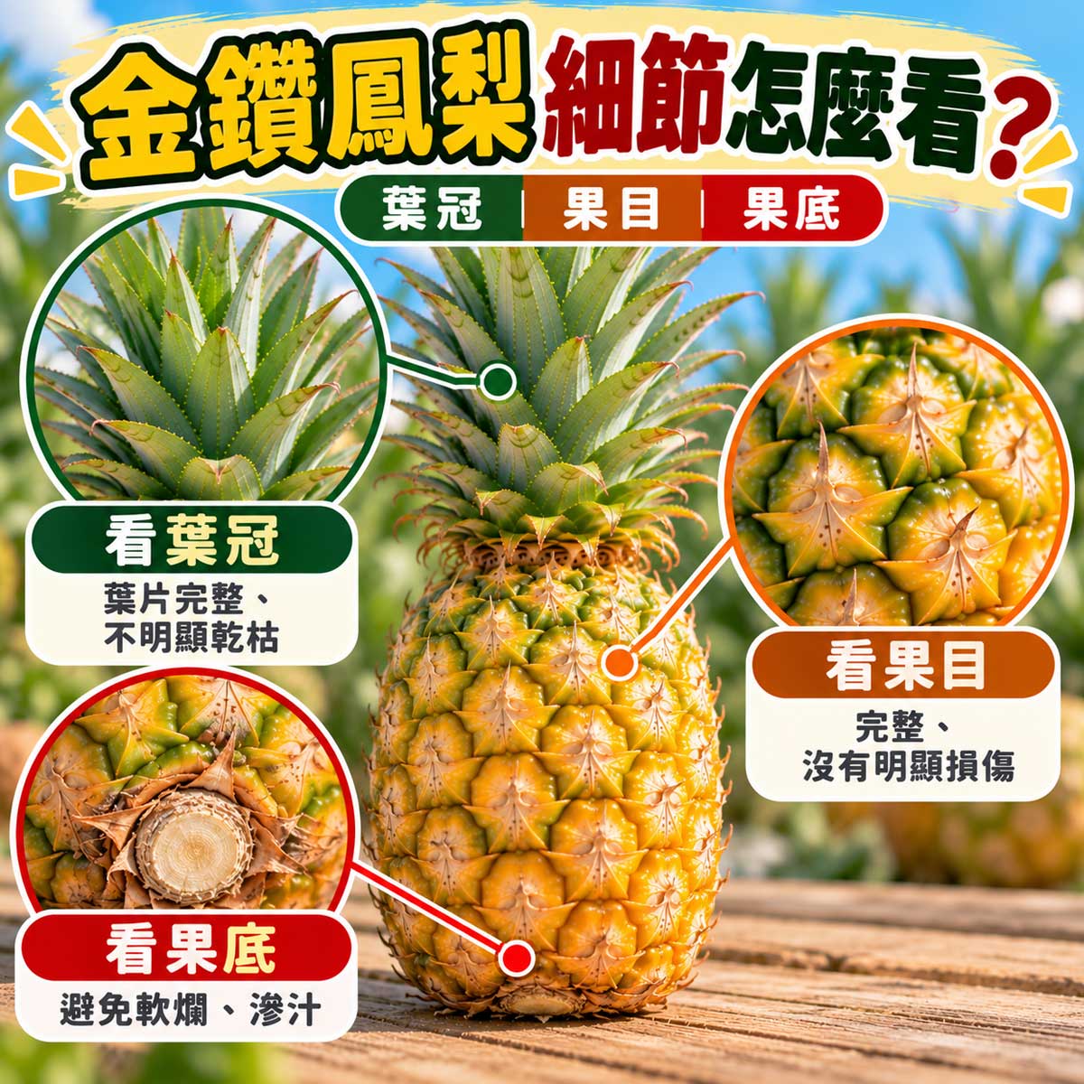 金鑽鳳梨葉冠平展果目與乾爽果底檢查