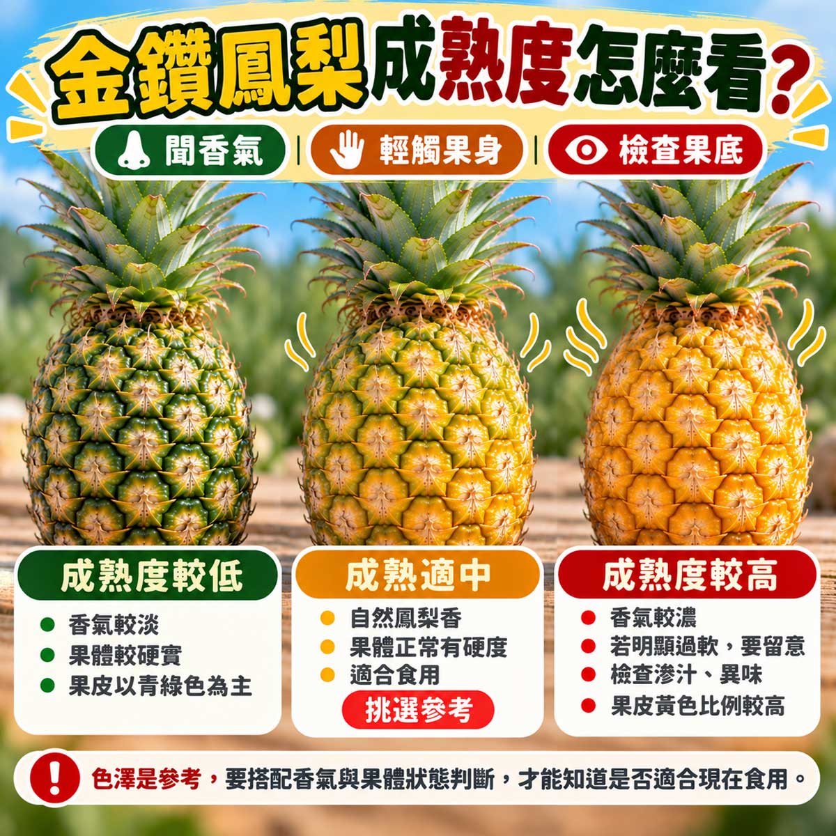 金鑽鳳梨成熟度較低成熟適中與成熟度較高比較