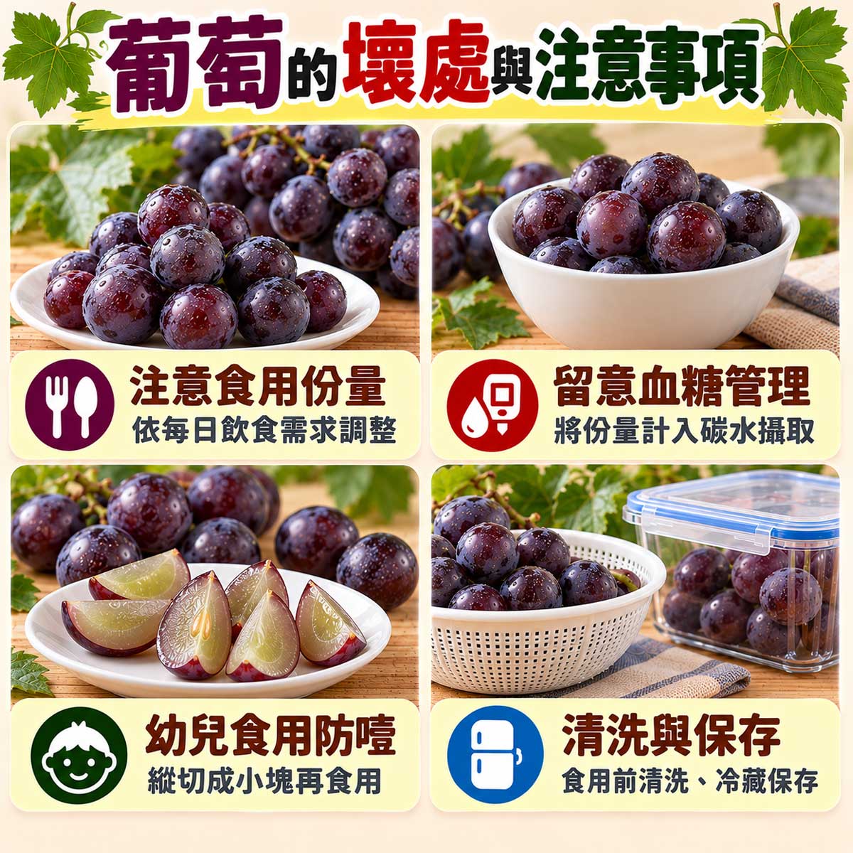 葡萄食用注意,份量、血糖、幼兒縱切防噎與清洗冷藏
