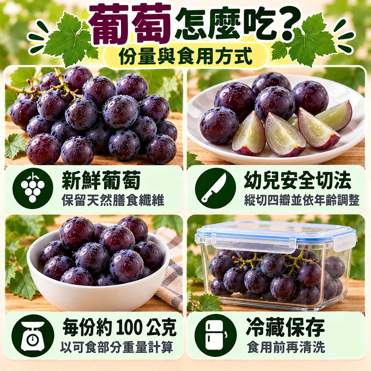 葡萄食用方式,新鮮果實、幼兒縱切四瓣、約100公克分裝與冷藏保存