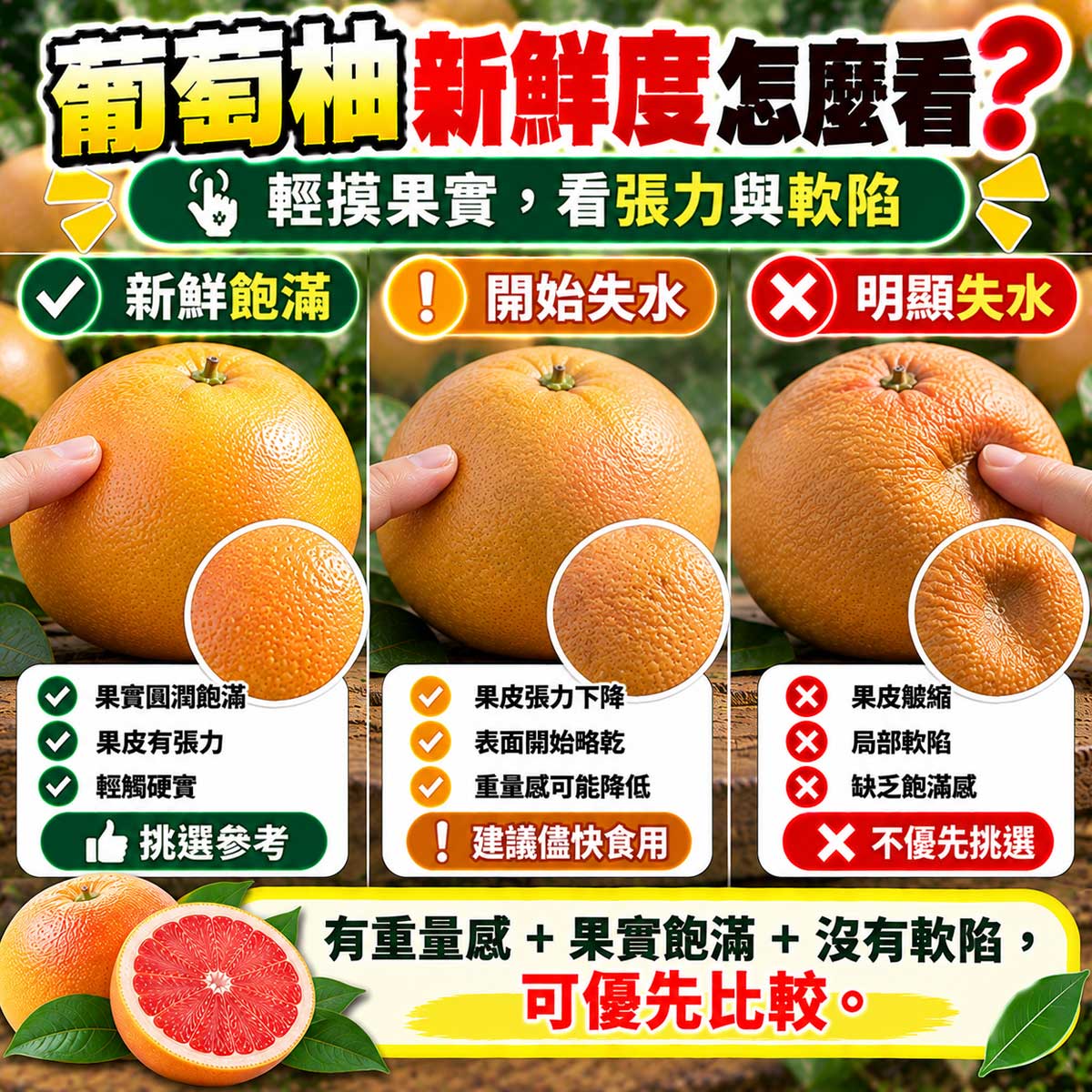 葡萄柚飽滿新鮮開始失水皺縮與異常果況比較