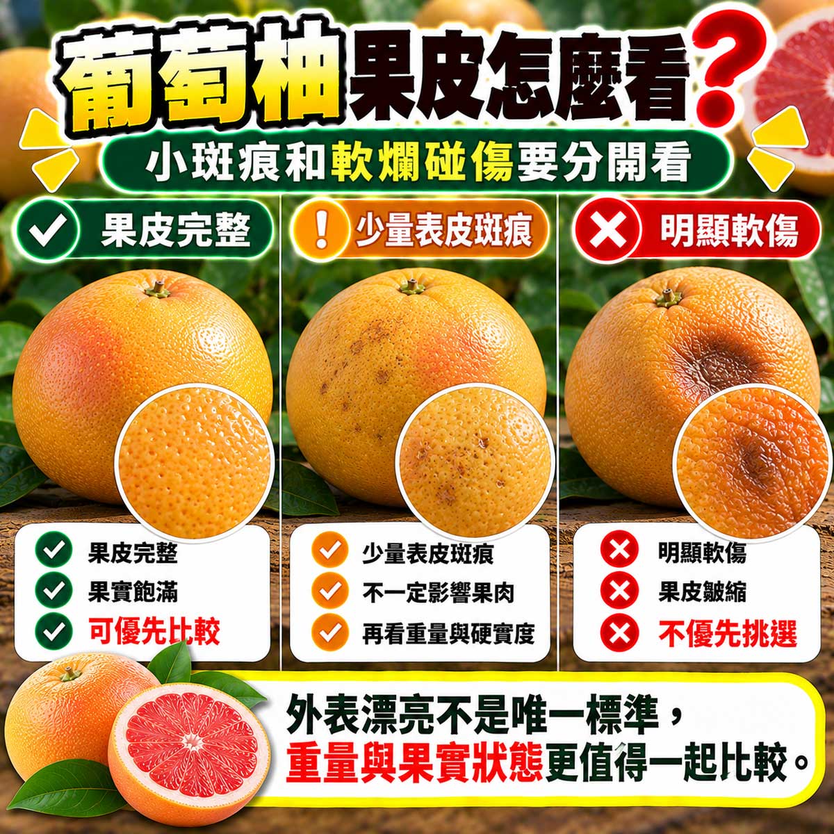 葡萄柚果形果皮張力油胞與完整度比較