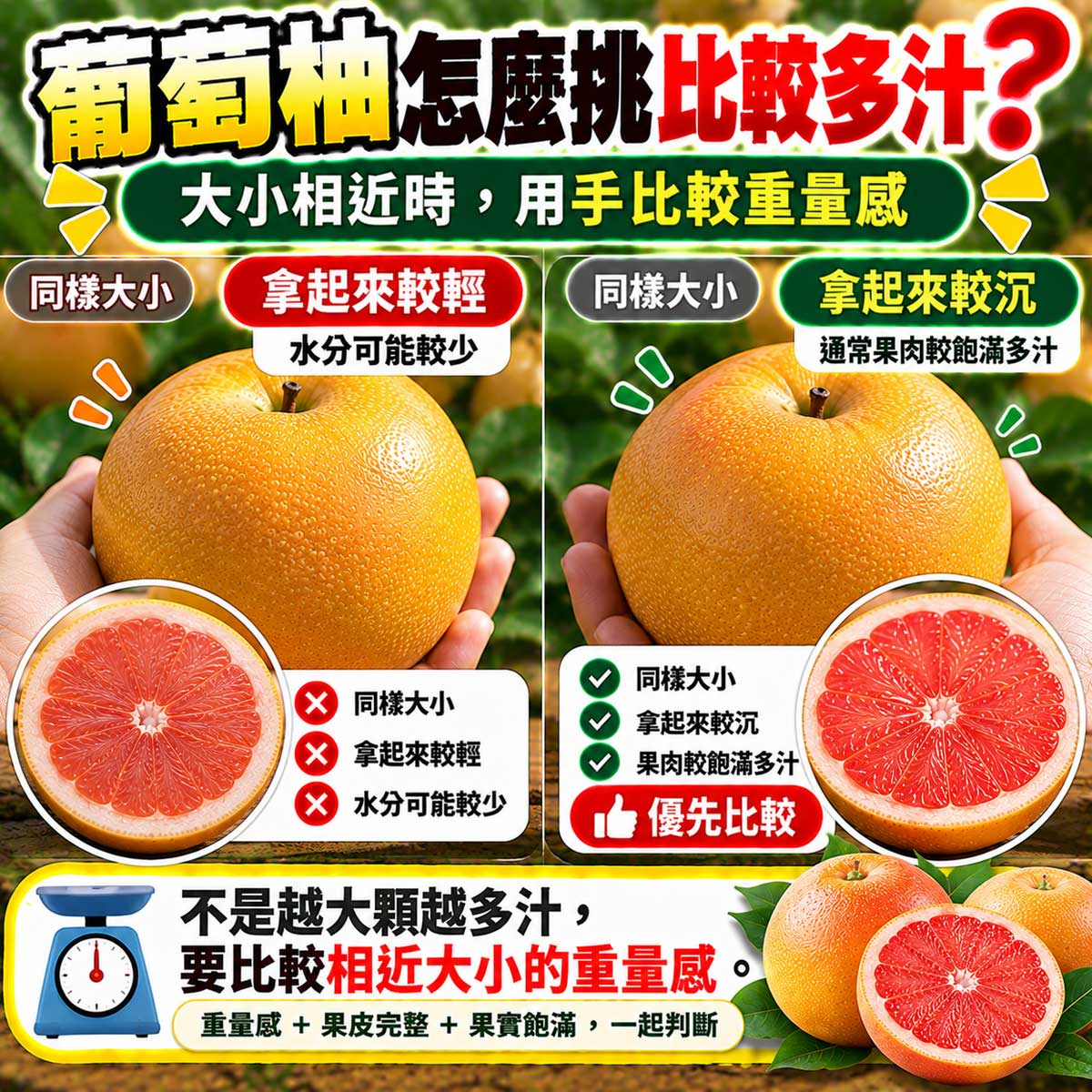 同大小葡萄柚重量感與果肉汁水飽滿度比較