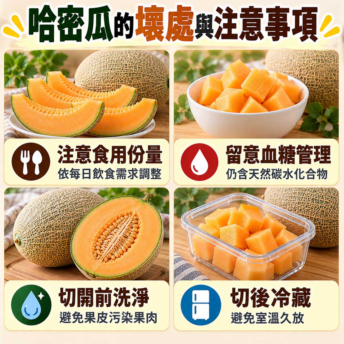 哈密瓜食用注意,份量血糖網紋外皮清洗與切後冷藏