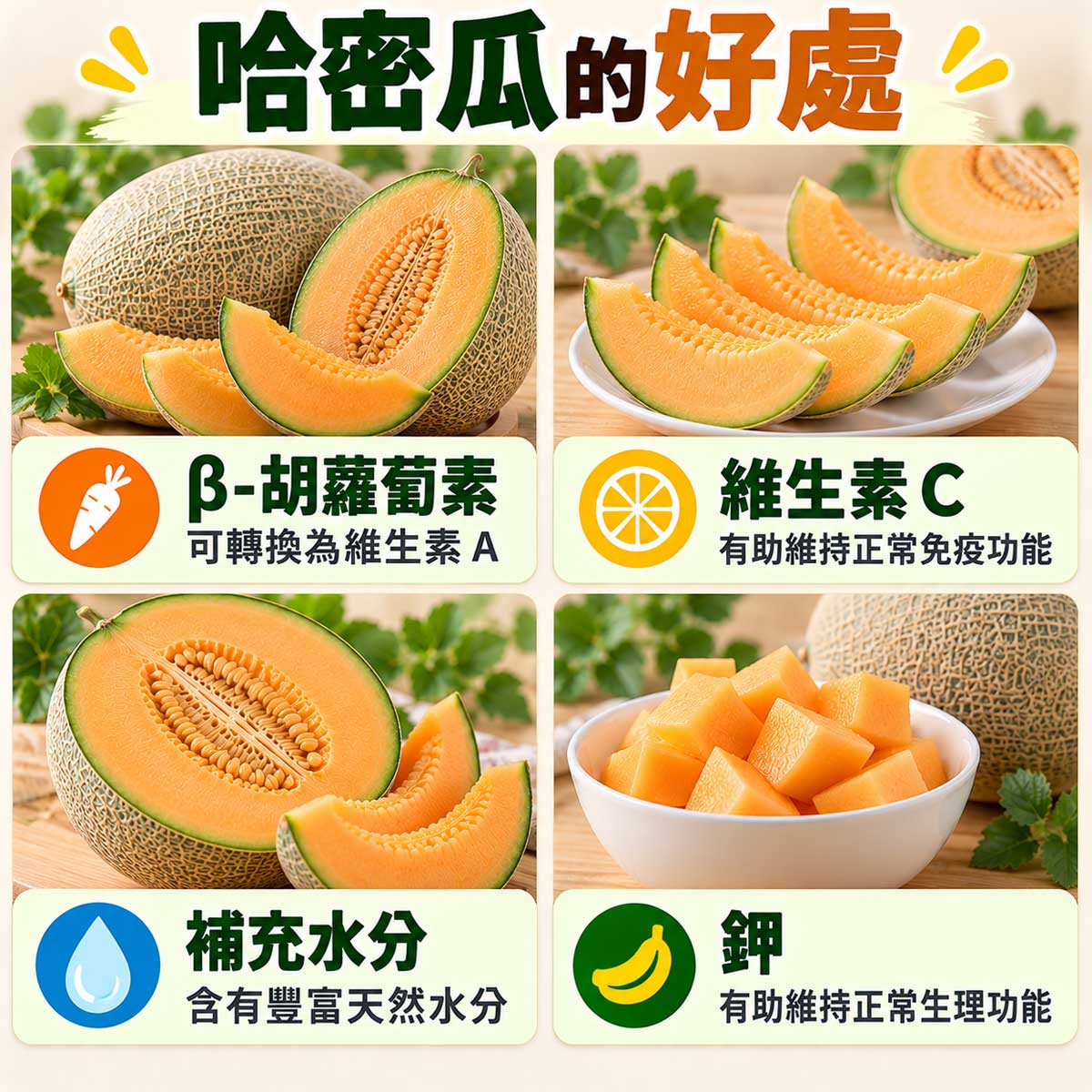 哈密瓜4大好處,β-胡蘿蔔素維生素C水分與鉀的營養角色