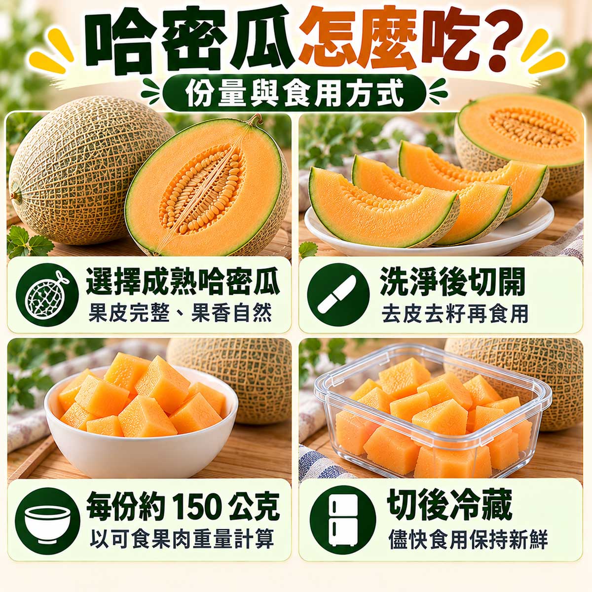 哈密瓜食用指南,洗淨去皮去籽約150公克果肉與切後冷藏
